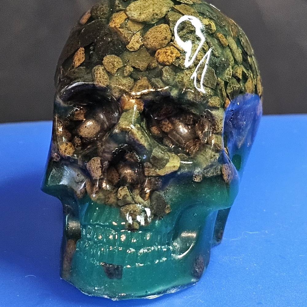 2.25" Handmade Resin Skull- Green With Small Stones Throughout